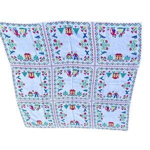 Vintage Tablecloth Dutch Folk Art in Red Yellow & Blue No Rips or Stains